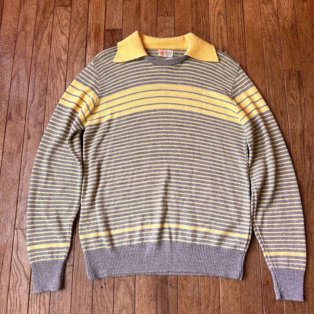 Vintage 70s Byford Sweater Mens Large Striped Pullover Striped Yellow Preppy